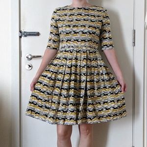 People Tree organic cotton horse print dress in yellow, black, and gray, US 6-8
